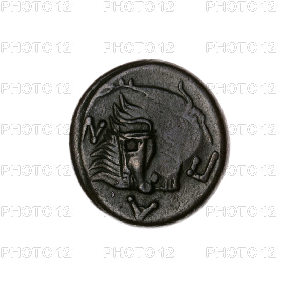 bronze coin, Pantikapaion; obverse: head of a beardless Satyr in an ivy wreath facing left, with a countermark (twelve-pointed star) on it; reverse: lion head with a gaping mouth facing left, with a sturgeon below left, letters at sides and top, and a countermark (arch in a quiver) on the head; iconography includes lion head, Satyr head, countermarks, bow in a quiver, stars, fish (sturgeon), twelve-pointed star; Satyr (mythology), lions, animals, bows, weapons, armament, gorytos, quivers; beginning of the 3rd century BC; Cimmerian Bosporus, Pantikapaion; coin; bronze; weight 6.70 g; axis 330°; dimensions 20.6 mm × 20.3 mm.