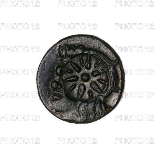 bronze coin, Pantikapaion; obverse: head of a beardless Satyr in an ivy wreath facing left, with a countermark (twelve-pointed star) on it; reverse: lion head with a gaping mouth facing left, with a sturgeon below left, letters at sides and top, and a countermark (arch in a quiver) on the head; iconography: lion head, Satyr head, bows, quiver, gorytos, fish (sturgeon), twelve-pointed star, stars; Satyr (mythology), lions, animals, weapons/armament; beginning of the 3rd century BC; Cimmerian Bosporus, Pantikapaion; coin; bronze; weight 6.38 g; axis 330°; diameter ~19.3 mm