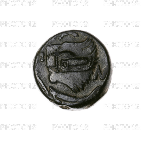 Bronze coin, Pantikapaion; obverse: head of a beardless Satyr in an ivy wreath facing left, with a countermark (twelve-pointed star) on it; reverse: lion head with gaping mouth facing left, with a sturgeon below left, letters at sides and top, and a countermark (arch in a quiver) on the head; iconography includes lion head, Satyr head, countermarks, bow in a quiver, stars, fish (sturgeons), gorytos, quivers, bows/weapons; Satyr (mythology), lions, animals; early 3rd century BC; Cimmerian Bosporus (Pantikapaion); coin; bronze; weight 6.38 g; axis 330°; diameter 19.3 mm.