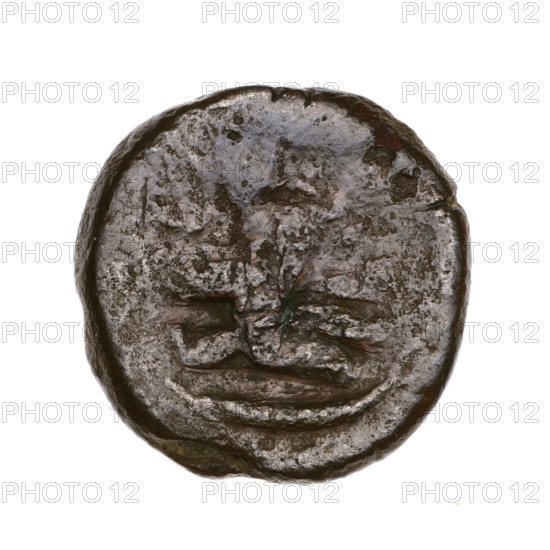 Bronze coin, Pantikapaion; obverse: head of a beardless Satyr in an ivy wreath facing left, with a twelve-pointed star countermark on it; reverse: lion's head with open mouth facing left, sturgeon below facing left, letters on the sides and top, countermark on the head (arch in the quiver). Iconography: Satyr, lion, sturgeon, bow in quiver/gorytos, quiver, twelve-pointed star, stars, fish, weapons/armament. Beginning of the 3rd century BC, Cimmerian Bosporus (Pantikapaion). Weight 6.32 g; axis 330°; diameters 21.4–21.6 mm.