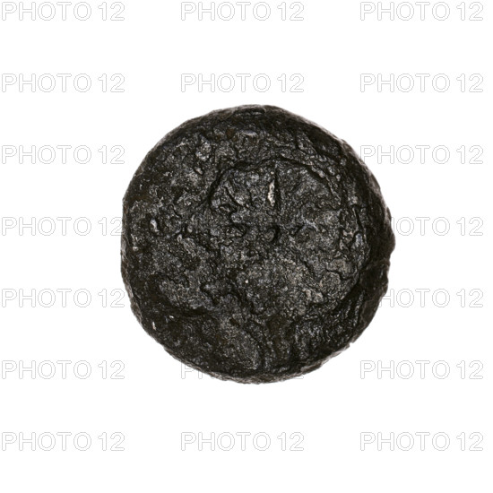 Bronze coin, Pantikapaion, beginning of 3rd century BC, Cimmerian Bosporus. Obverse: head of a beardless Satyr in an ivy wreath facing left; countermark engraved directly in the die (twelve-pointed star). Reverse: lion head with gaping mouth facing left, below it a sturgeon facing left; letters at sides and top; countermark engraved directly in the die on the head (bow in a quiver). Iconography: lion head, Satyr's head, bow in a quiver, twelve-pointed star, stars, sturgeons, fish, lions, animals, bows/weapons/armament, gorytos, quivers. Coin, weight 4.30 g; diameters 18.3 mm and 18.1 mm.