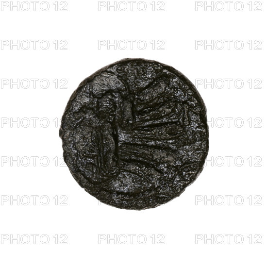 Bronze coin, Pantikapaion; obverse: head of a beardless Satyr in an ivy wreath facing left with a twelve-pointed star countermark engraved directly in the die; reverse: lion head with a gaping mouth facing left, below it a sturgeon facing left, with letters at sides and top and a bow-in-a-quiver countermark engraved directly in the die on the lion's head. Iconography: lion head, Satyr's head, bow in a quiver, stars, fish (sturgeon), gorytos/quivers, armed motifs, animals. Subject/mythology: Satyr. Date: beginning of 3rd century BC. Place: Cimmerian Bosporus, Pantikapaion. Material: bronze. Weight: 4.30 g. Dimensions: 18.3 mm × 18.1 mm.
