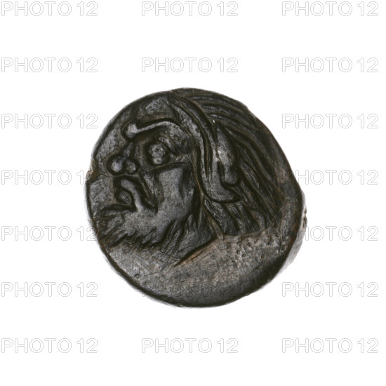 bronze coin, Pantikapaion; obverse: head of bearded Satyr to the left; reverse: bull's head to the left, with letters on the sides and at the top; iconography: Satyr's head, bull's head; subjects: Satyr (mythology), bulls, animals; date: beginning of the 3rd century BC; region: Cimmerian Bosporus (Black Sea), Pantikapaion; material: bronze; weight: 5.60 g; dimensions: 17.8 mm; 18.1 mm