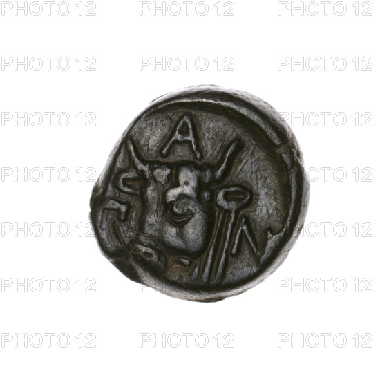 Bronze coin, Pantikapaion; obverse: head of bearded Satyr to the left; reverse: bull's head to the left, with letters at sides and top; iconography: Satyr's head, bull's head; subject: Satyr (mythology), bulls, animals; Cimmerian Bosporus, Pantikapaion; beginning of the 3rd century BC; coin; weight 5.60 g; dimensions 17.8 mm and 18.1 mm.