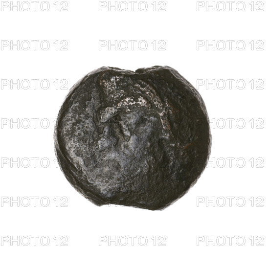 Bronze coin, Pantikapaion; obverse: bearded Satyr's head left; reverse: bull's head left; letters at sides and top; iconography: Satyr, bull; Cimmerian Bosporus (Pantikapaion); beginning of the 3rd century BC; weight 4.22 g; dimensions 15.5 × 16.8 mm; maker/attribution: Pantikapaion.