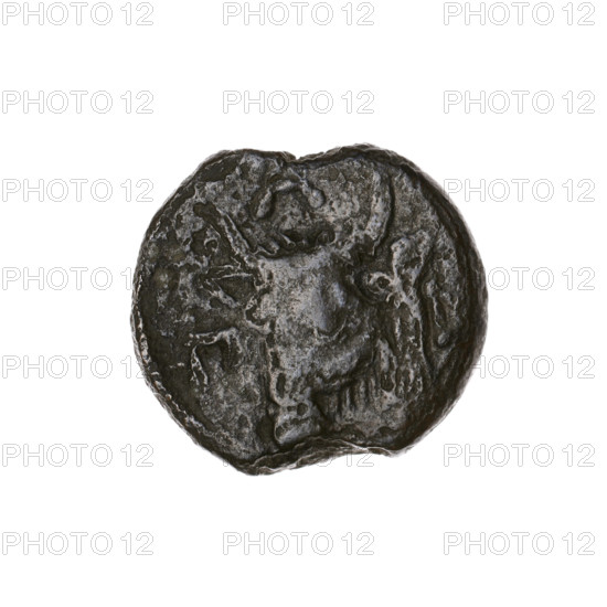 Bronze coin, Pantikapaion; obverse: head of a bearded Satyr to the left; reverse: bull's head to the left; letters on the sides and at the top; Satyr (mythology), bulls, animals; beginning of the 3rd century BC; Cimmerian Bosporus, Pantikapaion; coin; weight 4.22 g; dimensions 15.5 mm × 16.8 mm.