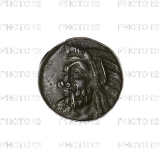 bronze coin, Pantikapaion; obverse: head of bearded Satyr to the left; reverse: bull's head to the left, letters on the sides and at the top; Satyr (mythology), bulls, animals; beginning of the 3rd century BC; Cimmerian Bosporus; coin; weight 4.26 g; diameter 17 mm