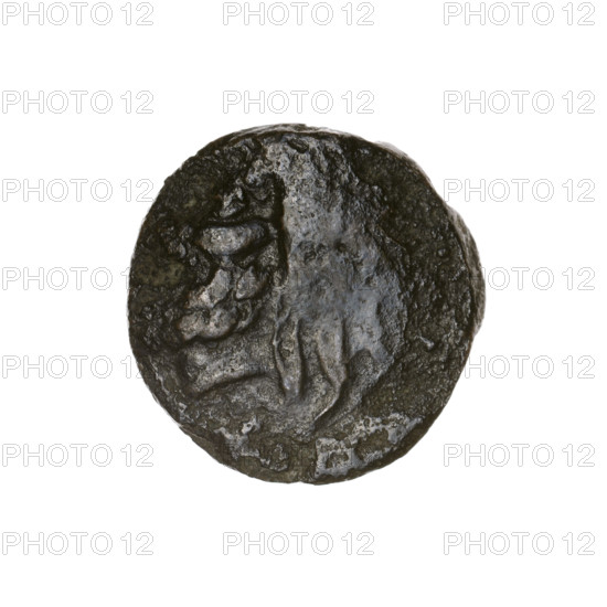 Bronze coin, Pantikapaion; obverse: head of bearded Satyr facing left; reverse: bull's head facing left with letters at the sides and top. Iconography: Satyr's head, bull's head; subjects: Satyr (mythology), bulls, animals. Date: beginning of the 3rd century BC. Region: Cimmerian Bosporus, Pantikapaion. Type: coin. Weight: 4.11 g. Diameter: 17 mm.