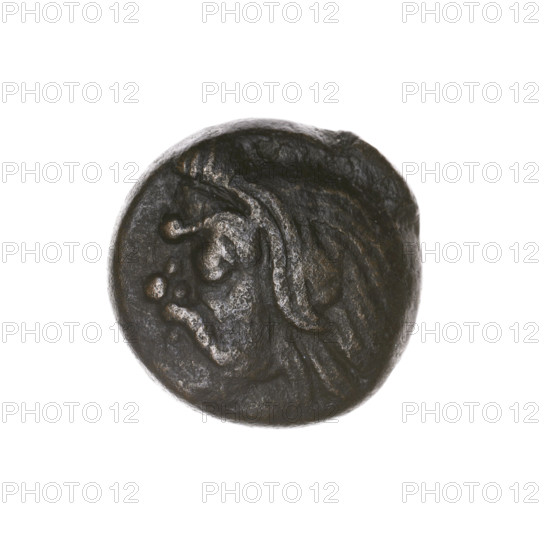 Bronze coin from Pantikapaion, beginning of the 3rd century BC. Obverse: head of bearded Satyr to the left; Reverse: bull's head to the left; letters on the sides and at the top. Iconography: Satyr and bull. Cimmerian Bosporus (Pantikapaion). Weight 4.14 g; dimensions 16.1 mm and 16.4 mm.