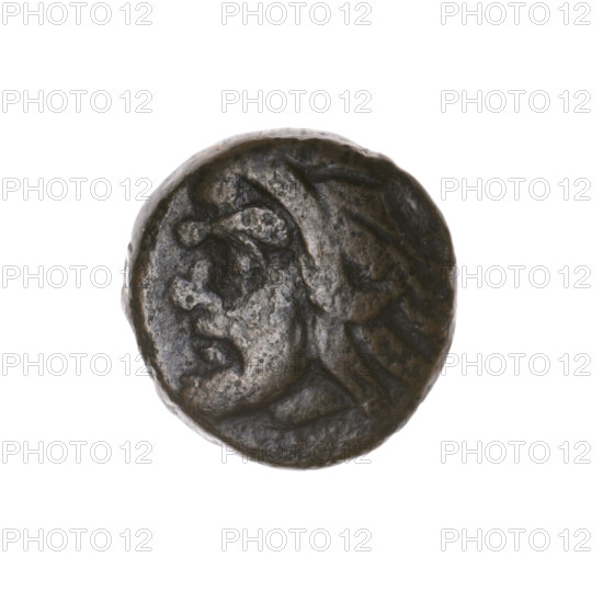 Bronze coin, Pantikapaion; obverse: head of a bearded Satyr to the left; reverse: bull's head to the left, letters on the sides and at the top; iconography: Satyr's head, bull's head; subject: Satyr (mythology), bulls, animals; Cimmerian Bosporus, Pantikapaion; beginning of the 3rd century BC; coin; weight 3.60 g; axis 180°; dimensions 16.4 × 16.1 mm; maker/date: Pantikapaion.
