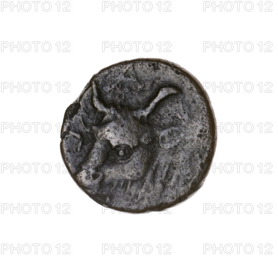 Bronze coin from Pantikapaion depicting a bearded Satyr's head left and a bull's head left; letters on the sides and at the top. Satyr (mythology); bulls; early 3rd century BC; Cimmerian Bosporus, Pantikapaion. Coin; weight 3.60 g; axis 180°; dimensions 16.4 × 16.1 mm.