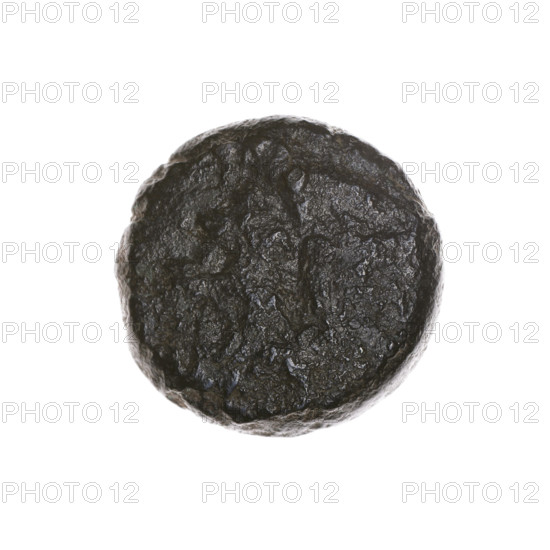 Bronze coin, Pantikapaion; obverse: head of a bearded satyr to the left; reverse: bull's head to the left, letters on the sides and at the top. Iconography: satyr, bull. Black Sea region; Cimmerian Bosporus, Pantikapaion. Beginning of the 3rd century BC. Coin; weight 4.10 g; axis 210°; dimensions 17.1 × 17.2 mm.