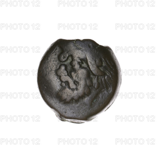 Bronze coin from Pantikapaion (Cimmerian Bosporus), beginning of the 3rd century BC. Obverse: head of bearded Satyr left; reverse: concave impression of the obverse. Satyr (mythology). Coin. Weight: 4.15 g. Dimensions: 17.2 mm and 16.6 mm. Makers/attribution: Terlecki, Ignacy (1860–1916)