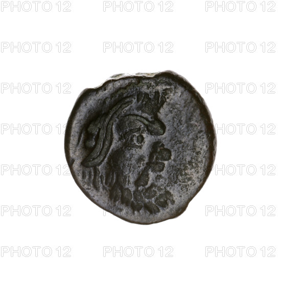 Bronze coin, Pantikapaion; obverse: head of bearded Satyr left (iconographic); concave impression of the obverse on reverse; beginning of the 3rd century BC; Cimmerian Bosporus (Black Sea), Pantikapaion; coin; weight 4.15 g; dimensions 17.2 × 16.6 mm.