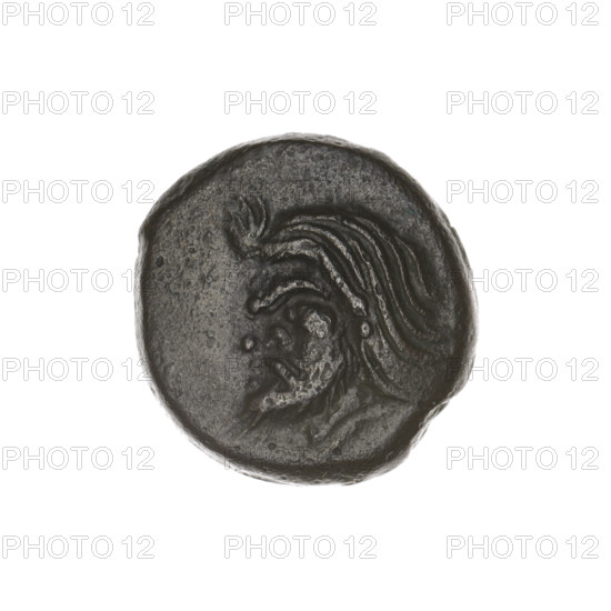 bronze coin, Pantikapaion; obverse: head of a bearded Satyr to the left; reverse: bull's head to the left; legends (letters) at sides and top; iconography: Satyr (mythology), bull; Black Sea region, Cimmerian Bosporus, Pantikapaion; date: 1st half of the 3rd century BC; material: bronze; coin; weight 4.68 g; axis 180°; dimensions: 18.1 mm × 17.3 mm