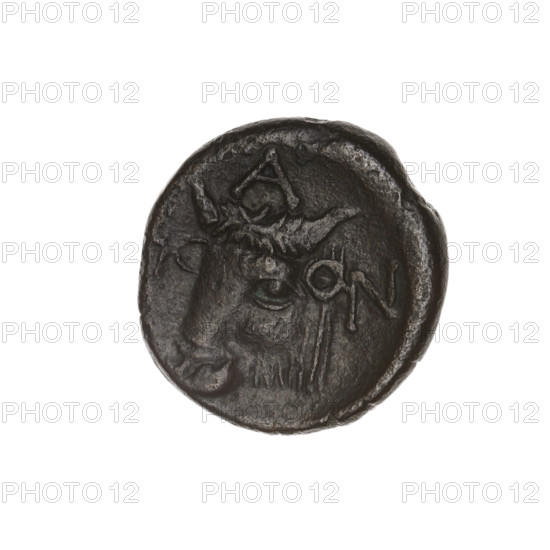 bronze coin, Pantikapaion; satyr's head (iconographic), bull's head (iconographic); head of a bearded Satyr to the left; bull's head to the left; letters on the sides and at the top; 1st half of the 3rd century BC; Cimmerian Bosporus; coin; weight 4.68 g; axis 180 degrees; dimensions 18.1 × 17.3 mm; subjects: Satyr (mythology), bulls, animals.