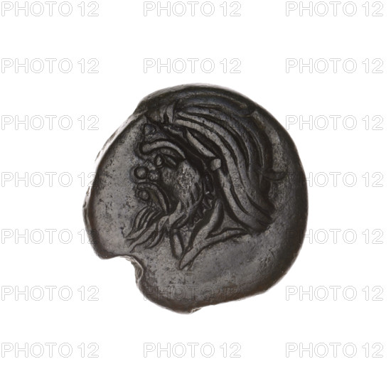 bronze coin, Pantikapaion, bull's head (iconographic), Satyr's head (iconographic), Black Sea, Satyr (mythology), bulls, animals; obverse: head of bearded Satyr to the left; reverse: bull's head to the left, letters on the sides and at the top; 1st half of the 3rd century BC, Cimmerian Bosporus, Pantikapaion; coin, weight 4.58 g, axis 180 degrees, diameter ~18.1 mm x 18 mm