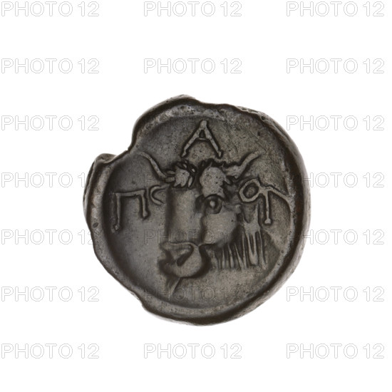 Bronze coin from Pantikapaion, 1st half of the 3rd century BC. Obverse: head of a bearded Satyr facing left; Reverse: bull's head facing left, with letters on the sides and at the top. Cimmerian Bosporus. Satyr (mythology); bulls, animals. Weight 4.58 g; diameter c. 18.1 × 18 mm; axis 180°. Maker: Terlecki, Ignacy (1860–1916) mentioned.