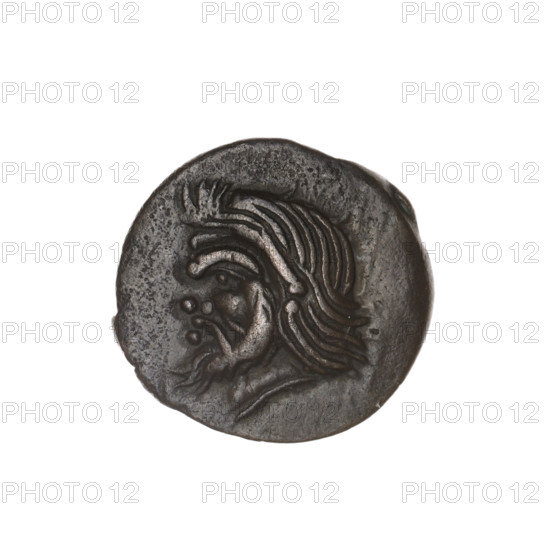 bronze coin, Pantikapaion; obverse: head of a bearded Satyr to the left; reverse: bull's head to the left, letters on the sides and at the top; iconography: Satyr, bull; region: Cimmerian Bosporus (Black Sea); 1st half of the 3rd century BC; weight 4.15 g; axis 180°; dimensions 17.2 × 18.2 mm.