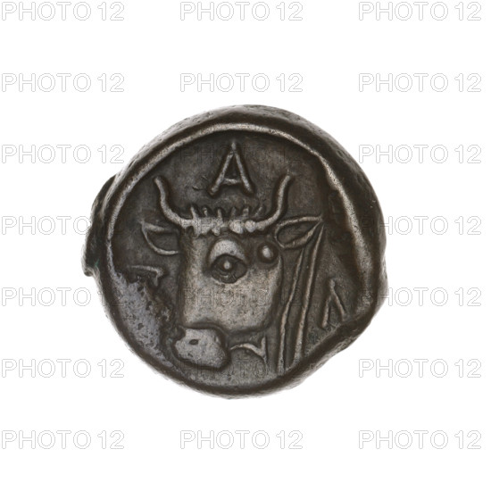 bronze coin, Pantikapaion; obverse: head of a bearded Satyr to the left; reverse: bull's head to the left, letters on the sides and at the top; iconography: Satyr's head, bull's head; Satyr (mythology), bulls, animals; 1st half of the 3rd century BC; Cimmerian Bosporus, Pantikapaion; coin; weight 4.15 g; axis 180 degrees; dimensions 17.2 × 18.2 mm