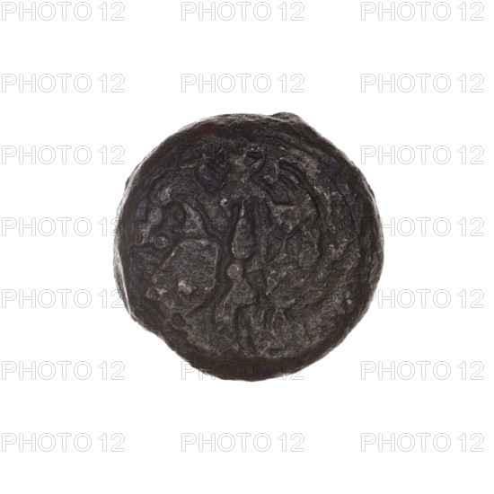 Bronze coin, Pantikapaion; obverse: head of beardless Satyr in an ivy wreath facing left; reverse: bow and arrow facing right, inscription below. Iconography: Satyr (mythology), bow and arrow, arrows, armament. 3rd century BC (Cimmerian Bosporus, Pantikapaion). Function: coin. Weight 6.87 g; axis 180°; dimensions 19.3 × 19.6 mm. Date noted: 1st half of the 16th century (cataloging/recording).