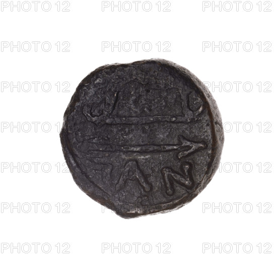 bronze coin, Pantikapaion; obverse: head of beardless Satyr in an ivy wreath facing left; reverse: bow and arrow facing right, inscription below; iconography: bow and arrow, head of Satyr; subject: Satyr (mythology), arrows, bows, armament; material: bronze; function: coin; date: 3rd century BC (Cimmerian Bosporus, Pantikapaion); weight: 6.87 g; axis: 180 degrees; dimensions: 19.3 mm × 19.6 mm; 1st half of the 16th century (note: appears contradictory with 3rd century BC)