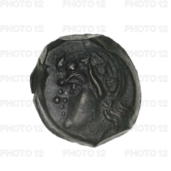 bronze coin, Pantikapaion; head of beardless Satyr in an ivy wreath to the left (obverse); bow and arrow to the right, inscription below (reverse); iconography: Satyr, bow and arrow, arrows, bows, weapons, armament; 1st half 3rd century BC; Cimmerian Bosporus, Pantikapaion; coin; weight 6.32 g; diameter approx. 20.8 mm × 19.6 mm.