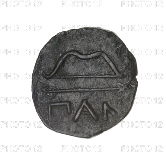 Bronze coin, Pantikapaion; aw: head of beardless Satyr in an ivy wreath to the left; rw: bow and arrow to the right, inscription below; iconography: bow and arrow, head of Satyr; Satyr (mythology); arrows, bows, weapons, armament; 1st half 3rd century BC; Cimmerian Bosporus, Pantikapaion; coin; weight 6.32 g; dimensions 20.8 mm × 19.6 mm.