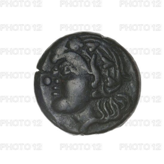 bronze coin, Pantikapaion; obverse: head of beardless Satyr in an ivy wreath facing left; reverse: bow and arrow to the right with inscription below; iconography: bow and arrow, Satyr (mythology), arrows, bows, weapons; 1st half 3rd century BC; Cimmerian Bosporus, Pantikapaion; coin; weight 6.17 g; axis 330°; dimensions 19.7 × 20.2 mm; maker/date: 3rd century BC (Pantikapaion); material: bronze