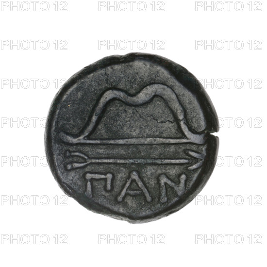 bronze coin, Pantikapaion; aw: head of beardless Satyr in an ivy wreath to the left; rw: bow and arrow to the right, inscription below; Satyr (mythology), bow and arrow (iconographic), arrows (weapon), bows (armed), weapons (iconographic), armament (iconographic); 1st half 3rd century BC; Cimmerian Bosporus, Pantikapaion; coin; weight 6.17 g; axis 330°; dimensions 19.7 × 20.2 mm.