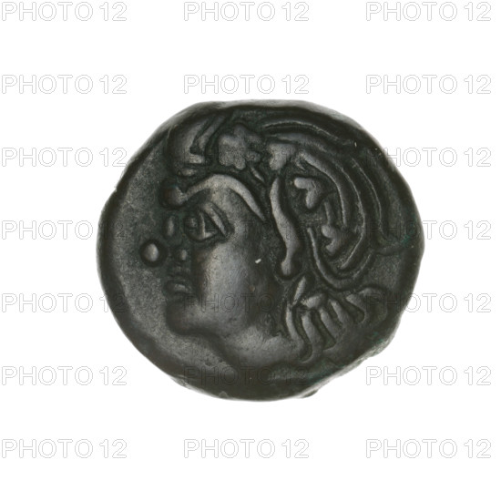 Bronze coin, Pantikapaion; obverse: head of beardless Satyr in an ivy wreath facing left; reverse: bow and arrow to the right, inscription below. Iconography: bow and arrow, Satyr (mythology), weapons. Date: 1st half 3rd century BC. Region: Cimmerian Bosporus, Pantikapaion. Coin; weight 6.02 g; axis 30°; dimensions 19.3 × 20.2 mm.