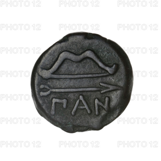 bronze coin, Pantikapaion; obverse: head of beardless Satyr in an ivy wreath to the left; reverse: bow and arrow to the right, inscription below; iconography: bow and arrow, Satyr (mythology), arrows, bows, weapons, armament; 1st half 3rd century BC; Cimmerian Bosporus, Pantikapaion; maker: Terlecki, Ignacy (1860-1916) [attributed]; coin; weight 6.02 g; axis 30°; dimensions: 19.3 × 20.2 mm