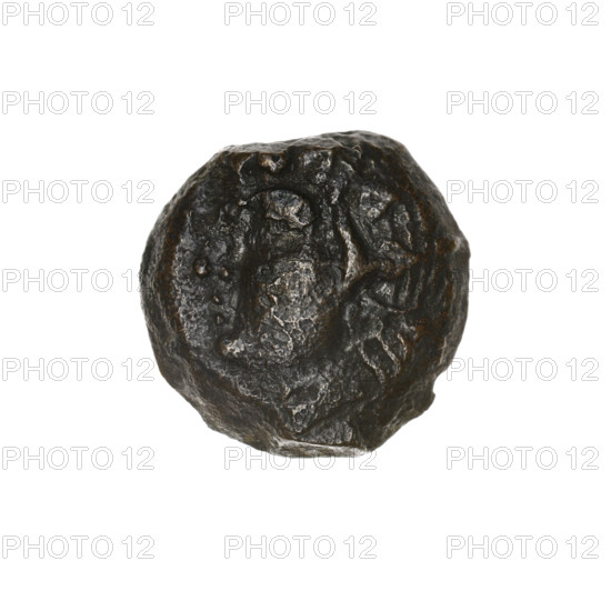 Bronze coin, Pantikapaion; obverse: head of a beardless satyr in an ivy wreath facing left; reverse: bow and arrow facing right, inscription below. Iconography: bow and arrow, Satyr's head, satyr (mythology), arrows (weapon), bows (arms), weapons/armament (iconographic). Date: 1st half of the 3rd century BC. Region: Cimmerian Bosporus, Pantikapaion. Coin; weight 5.85 g; dimensions: 19 mm and 19.3 mm.