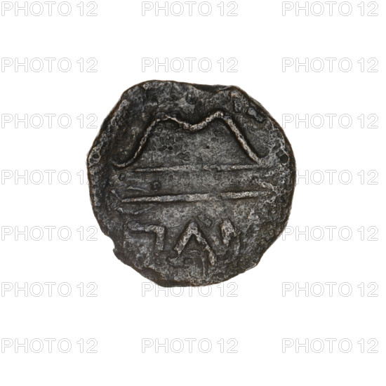 Bronze coin, obverse: head of beardless Satyr in ivy wreath facing left; reverse: bow and arrow facing right, inscription below; iconography: Satyr's head, bow and arrow, weapons/armament; subject: Satyr (mythology), arrows (weapon), bows (arms); date: 1st half of the 3rd century BC; place: Pantikapaion (Cimmerian Bosporus/Black Sea); maker/type: coin; weight: 5.85 g; dimensions: 19 mm and 19.3 mm.