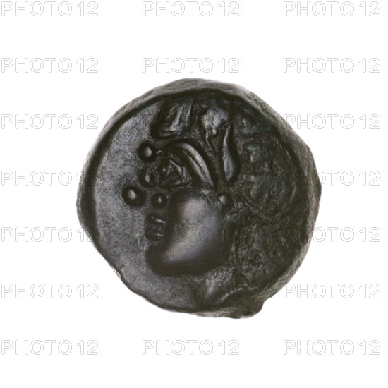 bronze coin, Pantikapaion, bow and arrow (iconographic), head of Satyr (iconographic), Satyr (mythology), arrows (weapon), bows (armed), weapons (iconographic), armament (iconographic), aw: head of beardless Satyr in an ivy wreath to the left; rw: bow and arrow to the right, inscription below; 1st half 3rd century BC, Cimmerian Bosporus, Pantikapaion, coin, weight 4.58 g, axis 90 degrees, dimension 1 19.7 mm, dimension 2 19.5 mm