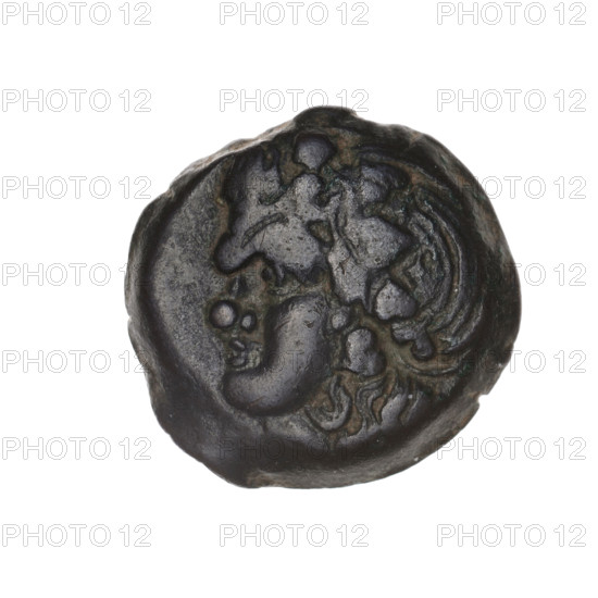 bronze coin, Pantikapaion; obverse: head of beardless Satyr in an ivy wreath left; reverse: bow and arrow right, inscription below; iconography: bow and arrow, Satyr; 1st half 3rd century BC; Cimmerian Bosporus, Pantikapaion; coin; weight 5.77 g; axis 150°; dimensions 19.9 × 20.5 mm