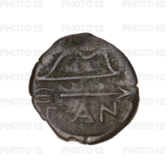 bronze coin, Pantikapaion, head of beardless Satyr in an ivy wreath to the left (obverse); bow and arrow to the right, inscription below (reverse); Satyr (mythology), arrows (weapon), bows (armed), weapons (iconographic), armament (iconographic); 1st half 3rd century BC; Cimmerian Bosporus, Pantikapaion; coin; weight 5.77 g; axis 150 degrees; dimensions 19.9 × 20.5 mm