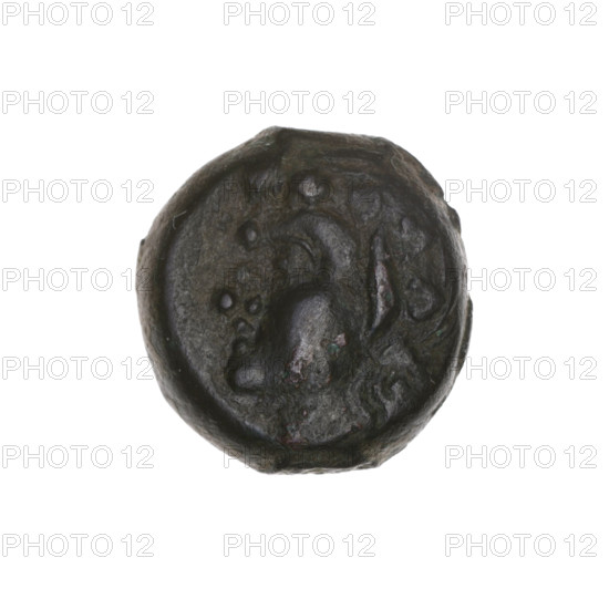 bronze coin, Pantikapaion; obverse: head of beardless Satyr in an ivy wreath facing left; reverse: bow and arrow to the right, inscription below; iconography: bow and arrow, Satyr (mythology); 1st half 3rd century BC; Cimmerian Bosporus, Pantikapaion; coin; weight 4.25 g; axis 330°; dimensions 17.7 × 17.2 mm; maker/date: 3rd century BC (Pantikapaion)