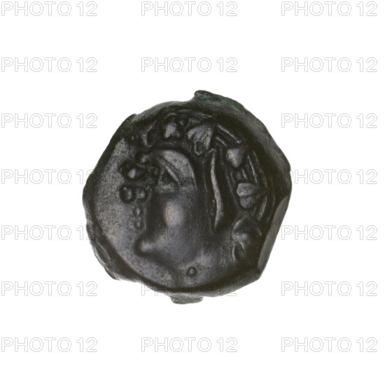 bronze coin, Pantikapaion; obverse: head of beardless Satyr in an ivy wreath facing left; reverse: bow and arrow to the right, inscription below; iconography: bow and arrow, Satyr (mythology), arrows, bows, weapons, armament; 1st half 3rd century BC; Cimmerian Bosporus, Pantikapaion; coin; weight 3.42 g; axis 330°; dimensions 16.3 × 16.8 mm