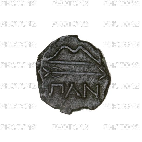 bronze coin, Pantikapaion; aw: head of beardless Satyr in an ivy wreath to the left; rw: bow and arrow to the right, inscription below; iconography: bow and arrow, head of Satyr; Satyr (mythology); arrows (weapon), bows (armed), weapons (iconographic), armament (iconographic); 1st half 3rd century BC; Cimmerian Bosporus, Pantikapaion; coin; weight 3.42 g; axis 330°; dimensions 16.3 × 16.8 mm