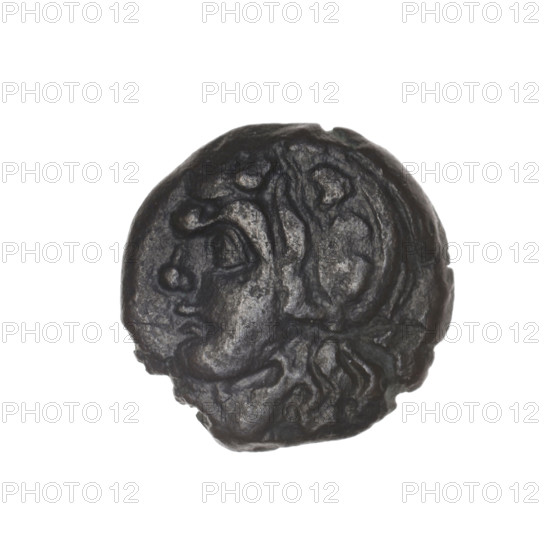 bronze coin, Pantikapaion; obverse: head of beardless Satyr in an ivy wreath facing left; reverse: bow and arrow to the right, inscription below; iconography: bow and arrow, Satyr (mythology), weapons; date: 1st half 3rd century BC; region: Cimmerian Bosporus, Pantikapaion; function: coin; weight: 3.15 g; axis: 180 degrees; dimensions: 18.5 × 18.7 mm; maker/date: 3rd century BC.