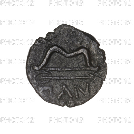 bronze coin, Pantikapaion; obverse: head of beardless Satyr in an ivy wreath to the left; reverse: bow and arrow to the right, inscription below; iconography: bow and arrow, Satyr (mythology), arrows, bows, weapons, armament; date: 1st half 3rd century BC; region: Cimmerian Bosporus, Pantikapaion; material: bronze; object: coin; weight: 3.15 g; axis: 180 degrees; dimensions: 18.5 × 18.7 mm