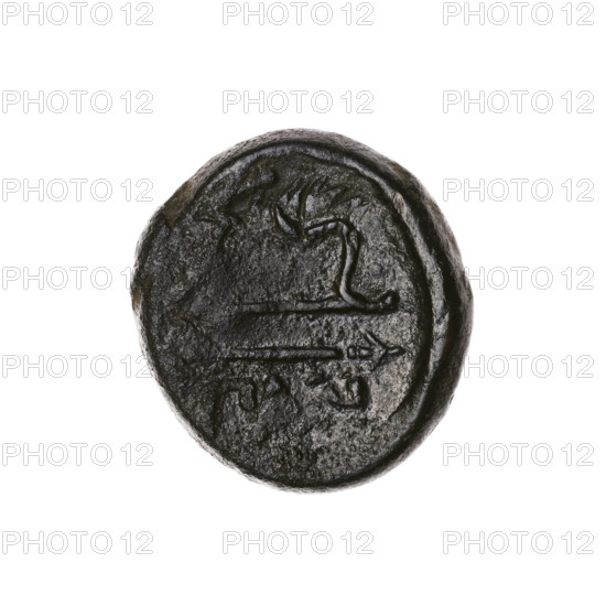 Bronze coin, Pantikapaion; obverse: head of a bearded Satyr in an ivy wreath to the left, pierced on the type of a beardless Satyr to the left, countermarked with a twelve-pointed star; reverse: bow and arrow to the right, inscription below, pierced on the type of a lion's head and a sturgeon to the left, countermarked with an arc in the quiver. Iconography: bow and arrow, Satyr's head, countermarks, stars, bow in quiver, gorytos, sturgeons, twelve-pointed star, lion's head, animals, fish, arrows, bows, weapons, armament. 1st half of the 3rd century BC; Cimmerian Bosporus, Pantikapaion. Coin; bronze; weight 6.80 g; axis 330°; dimensions 20.5 mm × 20.3 mm.