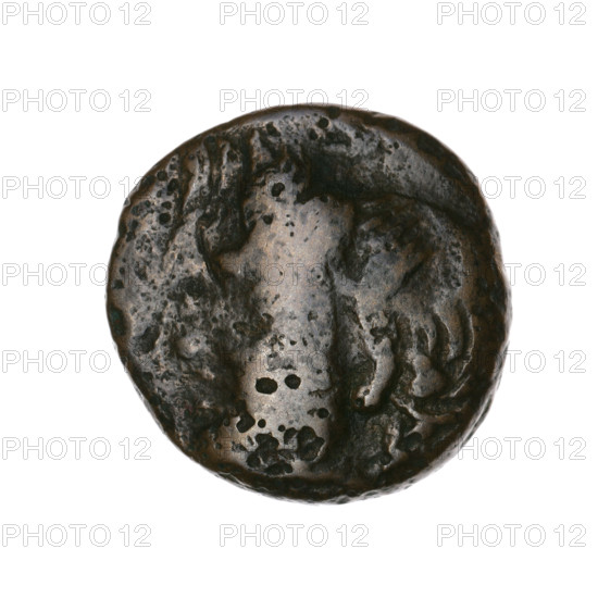 bronze coin, Pantikapaion; head of Satyr (iconographic); bow and arrow (iconographic); countermarks (numism); stars; bow in quiver (iconographic); Black Sea; Satyr (mythology); arrows (weapon); bows (armed); weapons (iconographic); armament (iconographic); gorytos (armed); animals; sturgeons; twelve-pointed star (iconographic); lion head (iconographic); fish; lions; aw: head of bearded Satyr in ivy wreath to the left, pierced on the type of lion and sturgeon to the left, countermarked with a bow in quiver; rw: bow and arrow to the right, inscription below, pierced on type head of a beardless Satyr to the left, countermarked with a twelve-pointed star; 1st half of the 3rd century BC; Cimmerian Bosporus, Pantikapaion; coin; weight 6.33 g; diameter ~19.3–19.5 mm