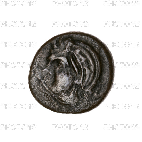 Bronze coin, Pantikapaion; obverse: head of bearded Satyr in ivy wreath left, pierced on type of lion and sturgeon left, countermarked with a bow in quiver; reverse: bow and arrow right, inscription below, pierced on type head of beardless Satyr left, countermarked with a twelve-pointed star. Iconography: Satyr, bows, arrows, gorytos, weapons, animals (sturgeons, lions), lion's head, twelve-pointed star, stars. Countermarks (numism). 1st half of the 3rd century BC, Cimmerian Bosporus (Pantikapaion). Coin; bronze; weight 5.37 g; axis 180°; diameters 20.9 mm and 21.9 mm.