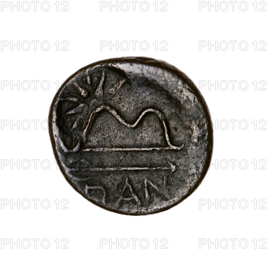 bronze coin, Pantikapaion; obverse: head of bearded Satyr in ivy wreath left, pierced on type of lion and sturgeon left, countermarked with a bow in quiver; reverse: bow and arrow right, inscription below, pierced on type head of beardless Satyr left, countermarked with a twelve-pointed star; iconography: Satyr, bow in quiver, bow and arrow, countermarks, stars, sturgeons, lion's head, lions, arrows, bows, gorytos; 1st half of the 3rd century BC; Cimmerian Bosporus (Pantikapaion); coin; bronze; weight 5.37 g; axis 180°; dimensions 20.9 mm × 21.9 mm