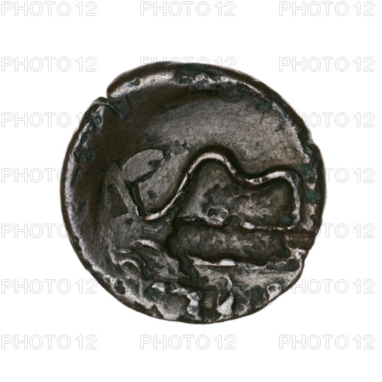 bronze coin, Pantikapaion; obverse: head of bearded Satyr in ivy wreath facing left, pierced on beardless type Satyr to the left, countermarked with a twelve-pointed star; reverse: bow and arrow to the right, inscription below, pierced on the type of lion and sturgeon head to the left, countermarked with a bow in a quiver; iconography: Satyr's head, bow and arrow, countermarks, stars, bow in quiver, gorytos, sturgeons, lion's head, fish, lions; materials/style: bronze coin; date: 1st half of the 3rd century BC; region: Cimmerian Bosporus, Pantikapaion; weight: 5.10 g; axis: 330°; dimensions: 19.6 × 20.5 mm