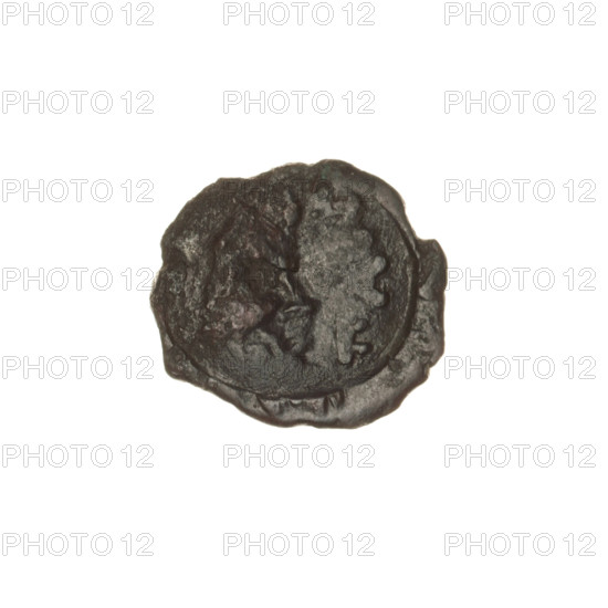 bronze coin, Pantikapaion; obverse: head of bearded Satyr in ivy wreath facing right; reverse: bow and arrow facing right, inscription below; iconography: Satyr, bows, arrows, armament; ca. 250 BC; Cimmerian Bosporus, Pantikapaion; weight 1.87 g; axis 180°; dimensions: 14.7 × 16.3 mm; coin.