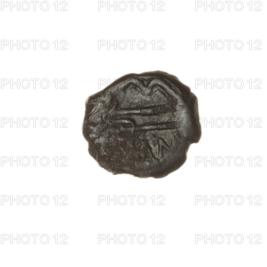 bronze coin, Pantikapaion; obverse: head of bearded Satyr in ivy wreath facing right; reverse: bow and arrow facing right, inscription below; iconography: bow and arrow, Satyr; Satyr (mythology); arrows (weapon), bows (arms), armament (iconographic), weapon (iconographic); ca. 250 BC; Cimmerian Bosporus, Pantikapaion; coin; weight 1.87 g; axis 180°; dimensions 14.7 × 16.3 mm.