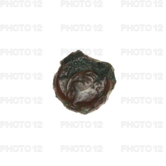 Bronze coin, Pantikapaion; obverse: head of a beardless Satyr in an ivy wreath facing left; reverse: bow and arrow facing right with inscription below. Iconography: Satyr's head, bow and arrow, weapons/armament. Mythology: Satyr. Date: 1st half of the 3rd century BC. Region: Cimmerian Bosporus (Pantikapaion). Weight: 2.10 g. Dimensions: 14.1 mm × 13.1 mm.